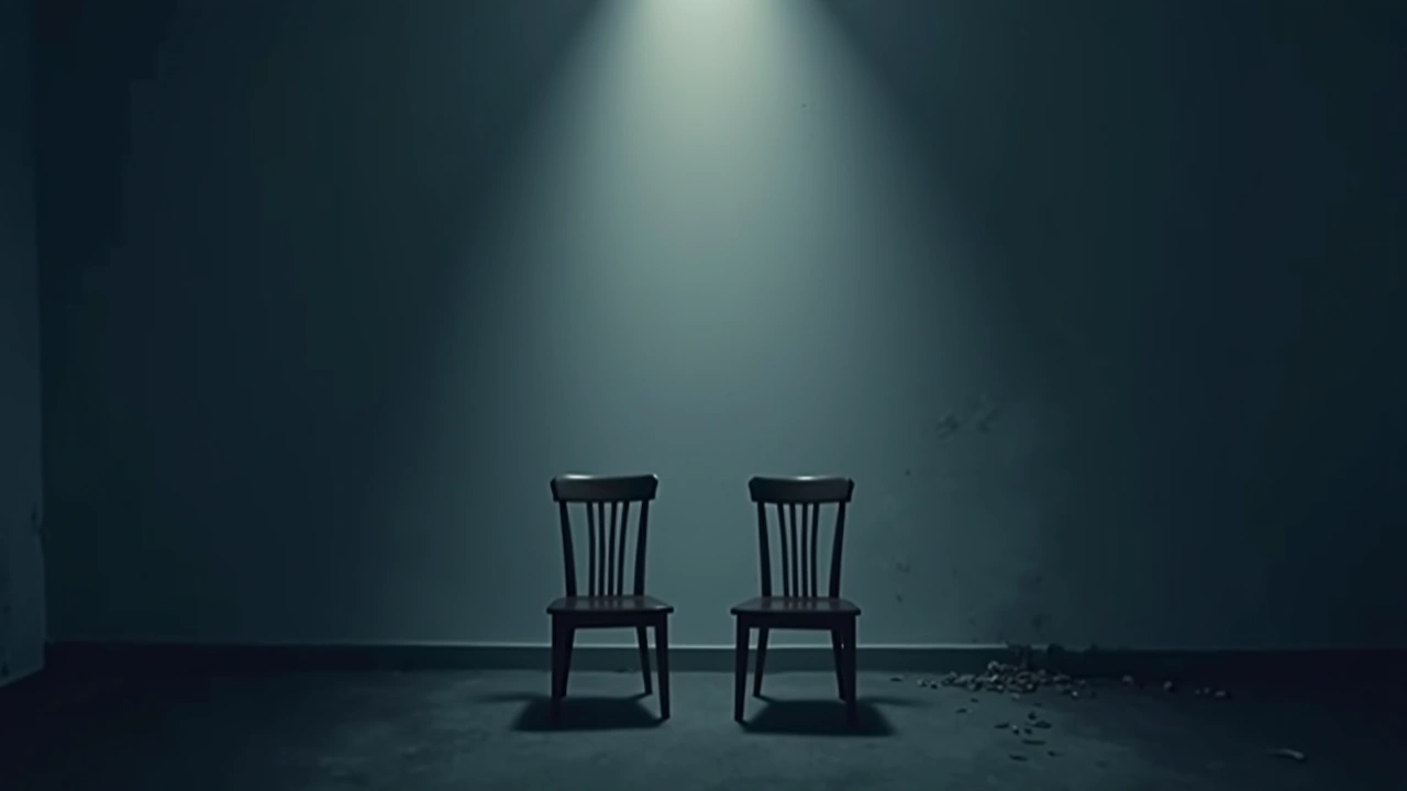 Illustration: A dimly lit room with two empty chairs facing each other.
