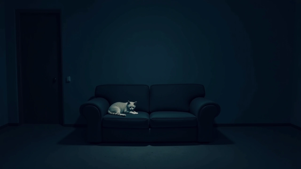 Illustration: A sofa in a softly lit living room with a cat curled up on a cushion.