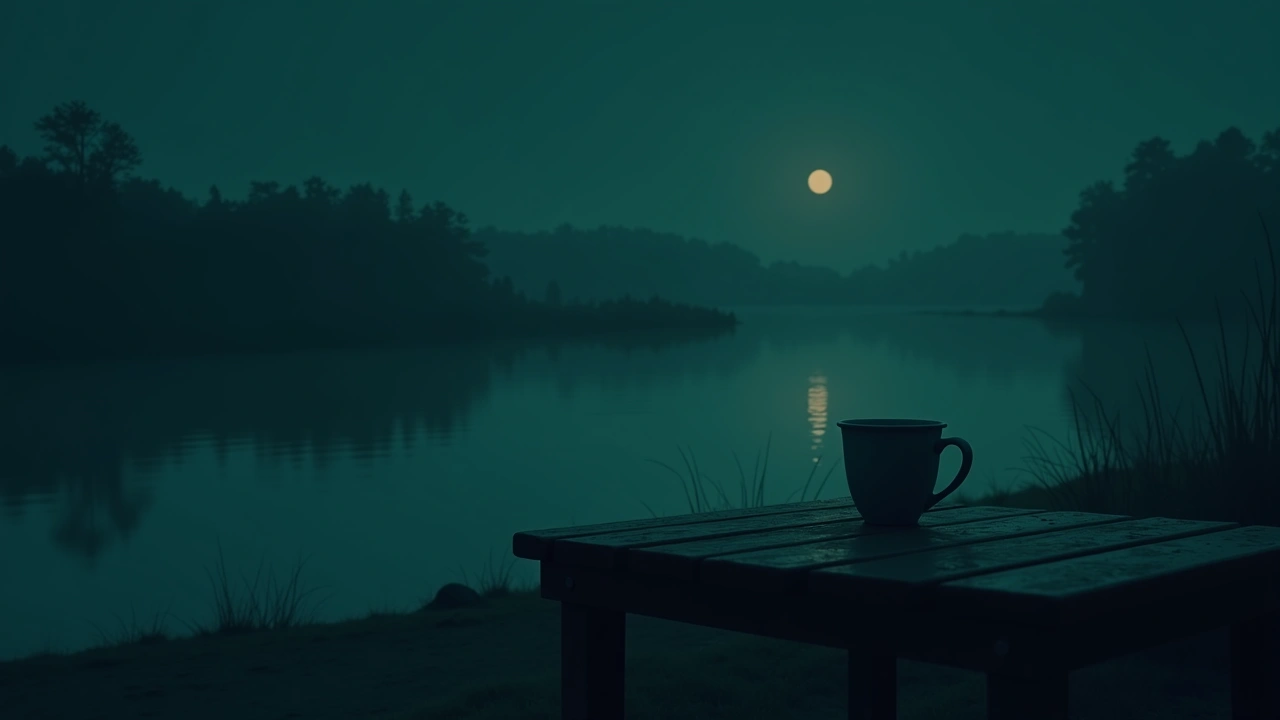 Illustration: a cup sitting on a wooden table near a quiet riverbank at dusk.
