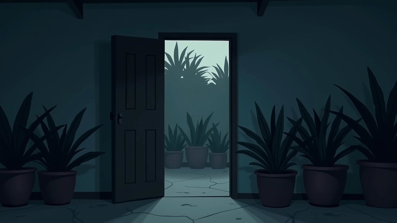 Illustration: a backyard doorway looking out onto rows of leafy potted plants.