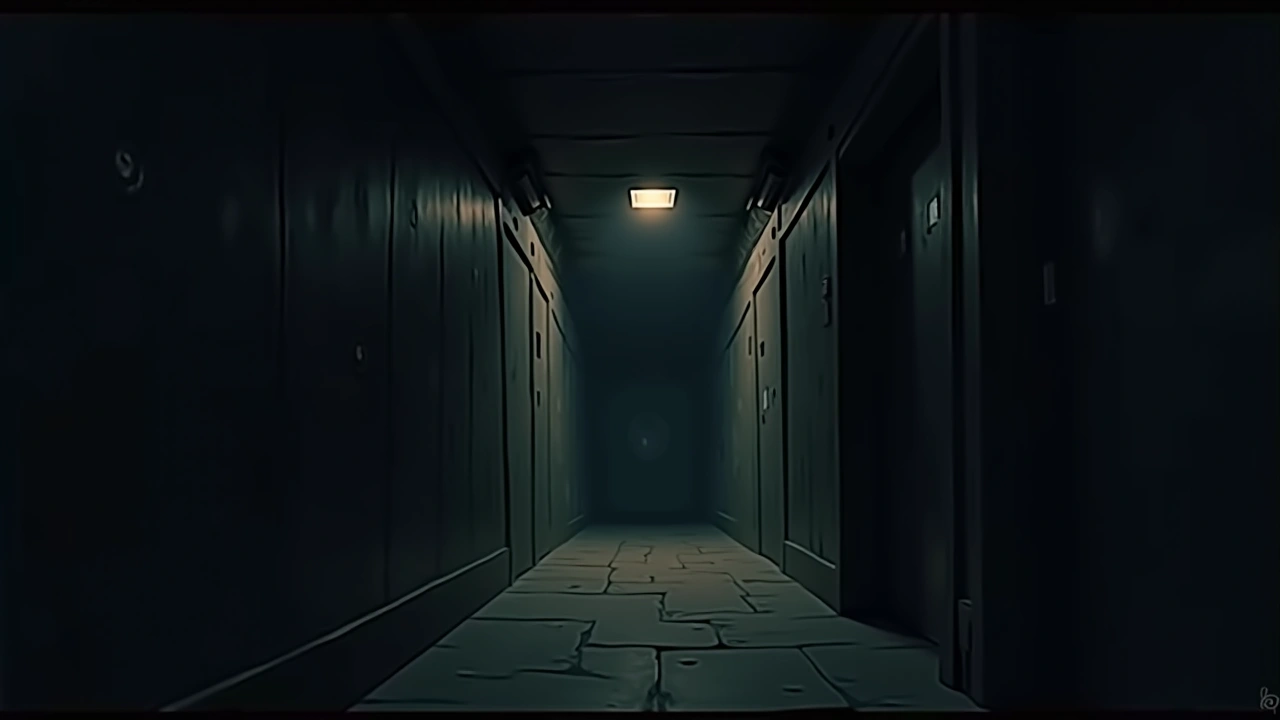 Illustration: the dim engine room corridors of a vintage ocean liner at night.