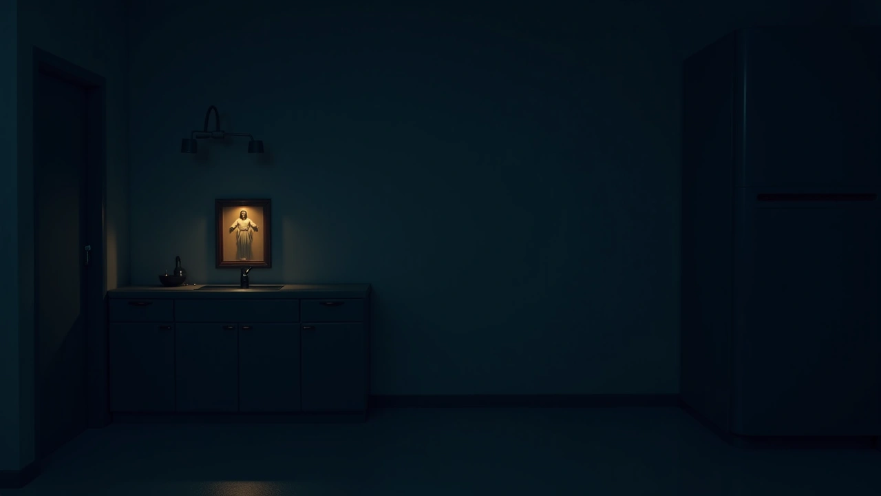 Illustration: a small framed picture of Jesus glowing softly on a kitchen wall.