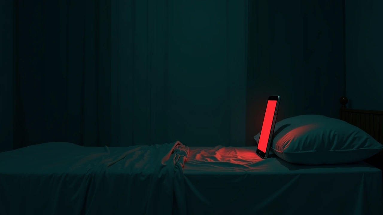 Illustration: a phone screen glowing bright red during a late-night reading in a dark bedroom.