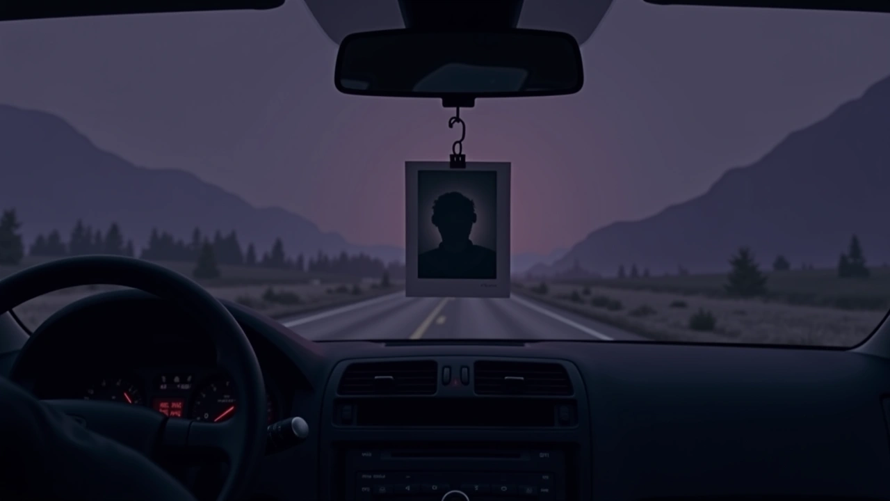 Illustration: a small photograph clipped near a car's dashboard at dusk.
