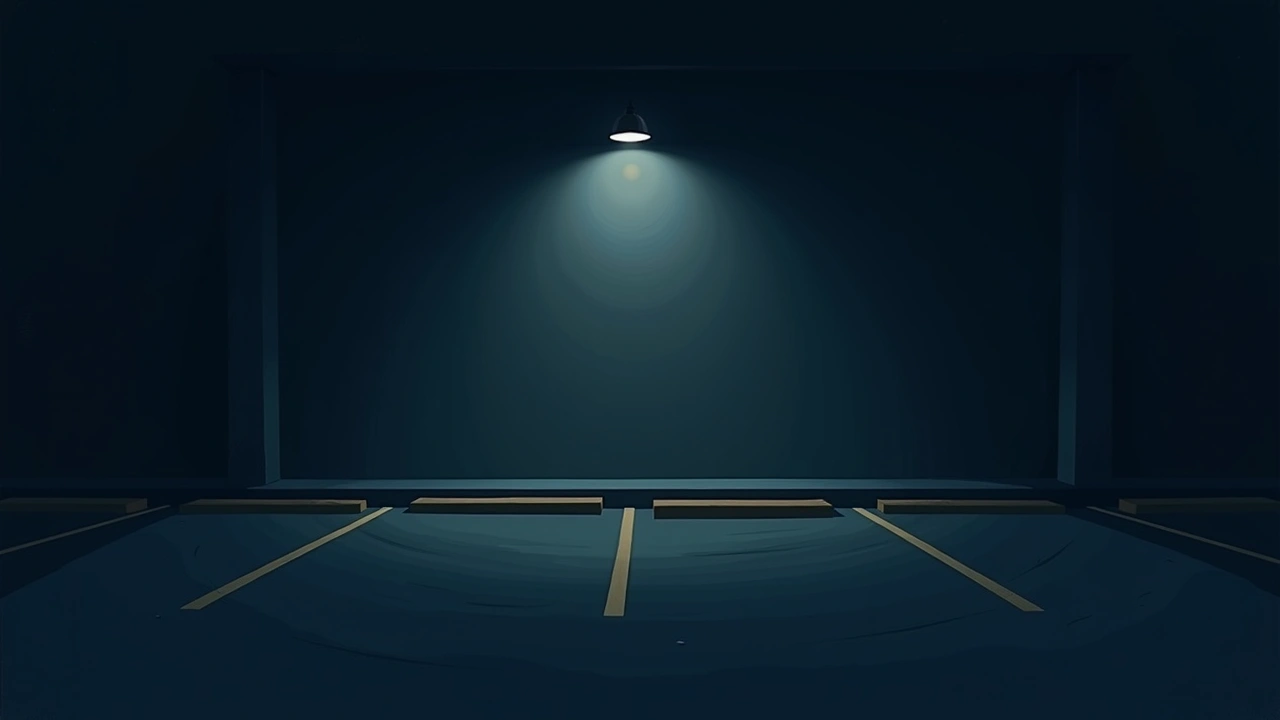 Illustration: an empty blue-painted parking space under dim evening light.