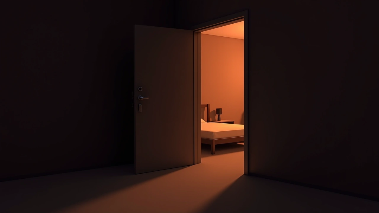 Illustration: a dim bedroom doorway at night, soft light spilling in from the hallway.