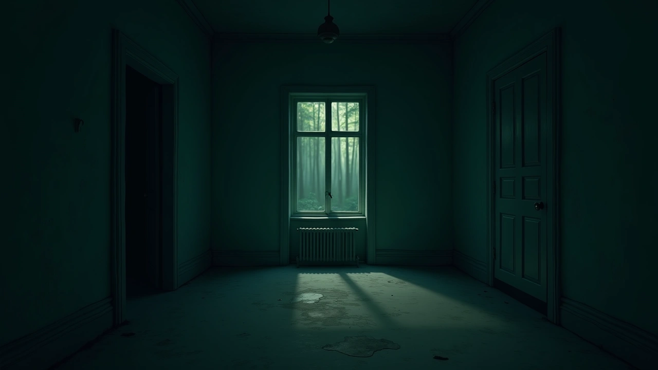 Illustration: The dim, softly lit interior of an old, century-old home at night.
