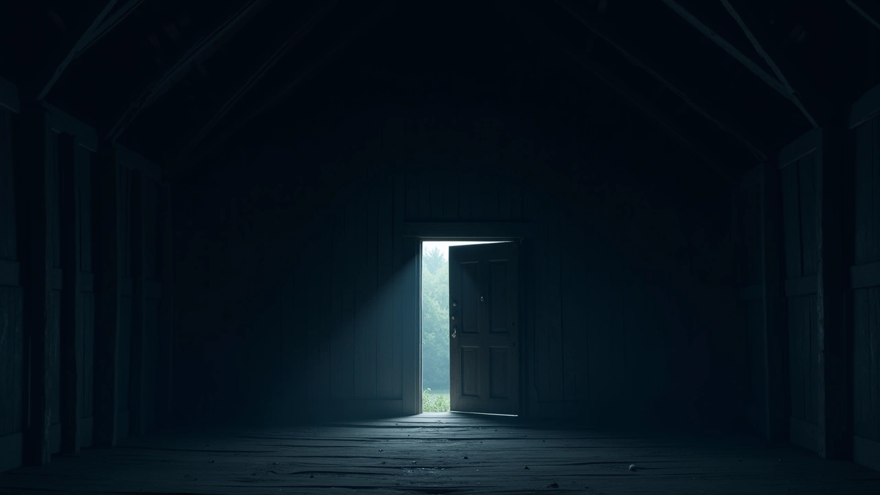 Illustration: an old wooden barn loft from the 1800s, dusty beams lit by a shaft of light through a gap in the wall.