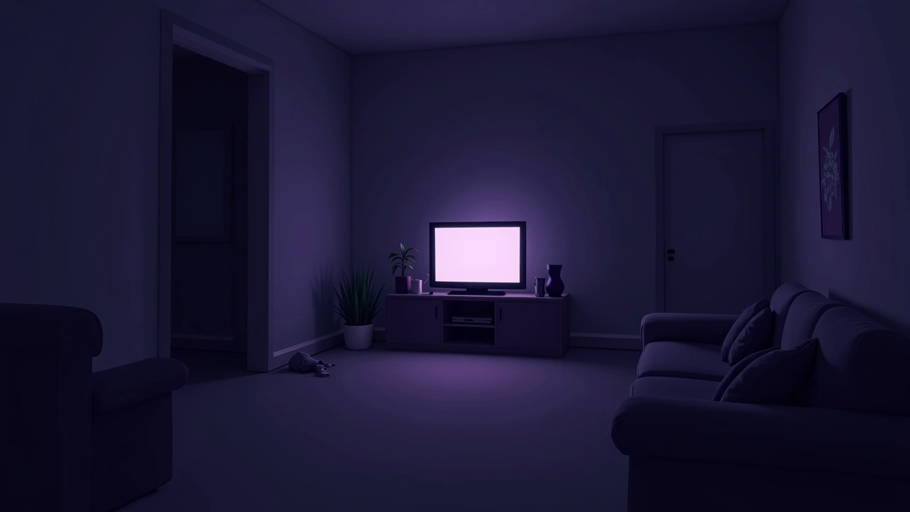 Illustration: a dim living room late at night lit only by the glow of a television.