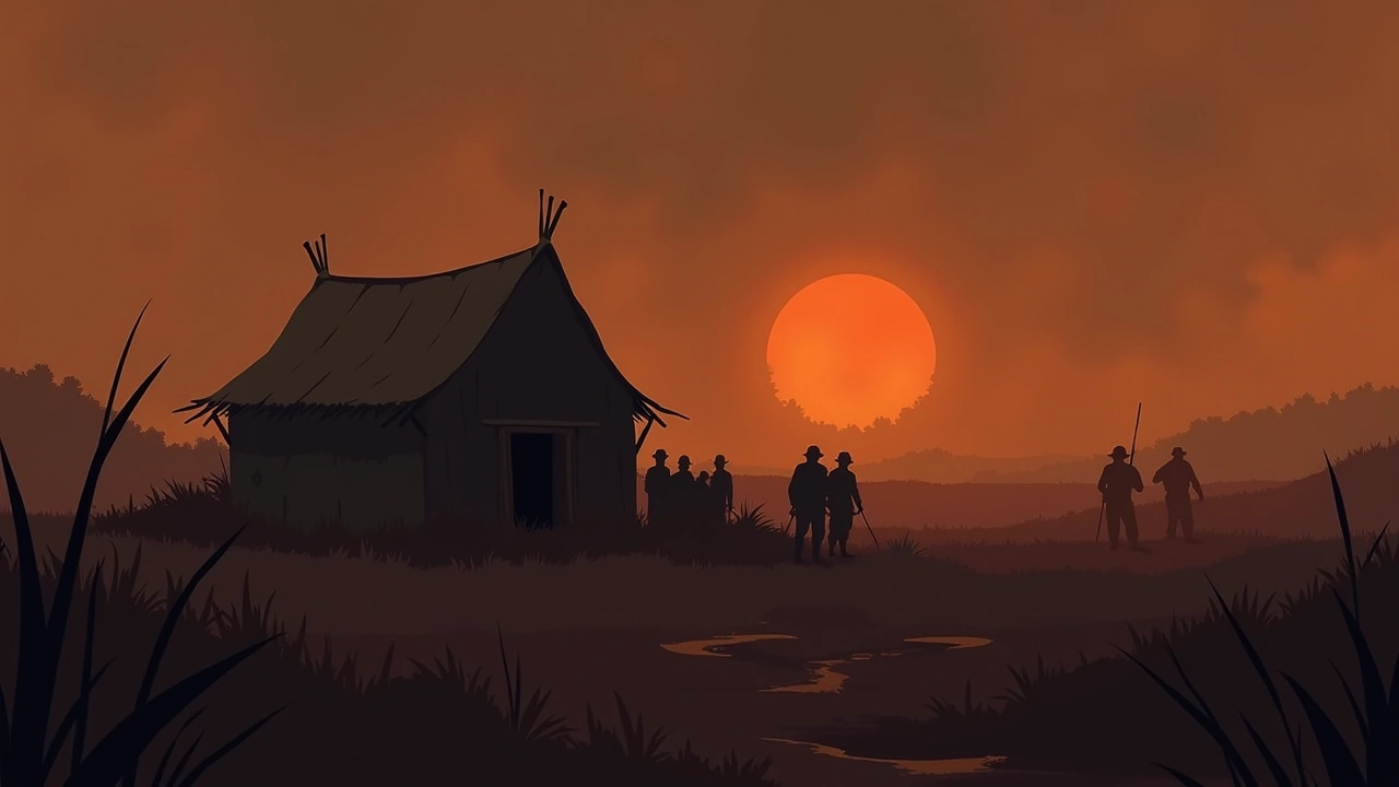 Illustration: an old stockade and soldiers' camp site on a farm, weathered by time.