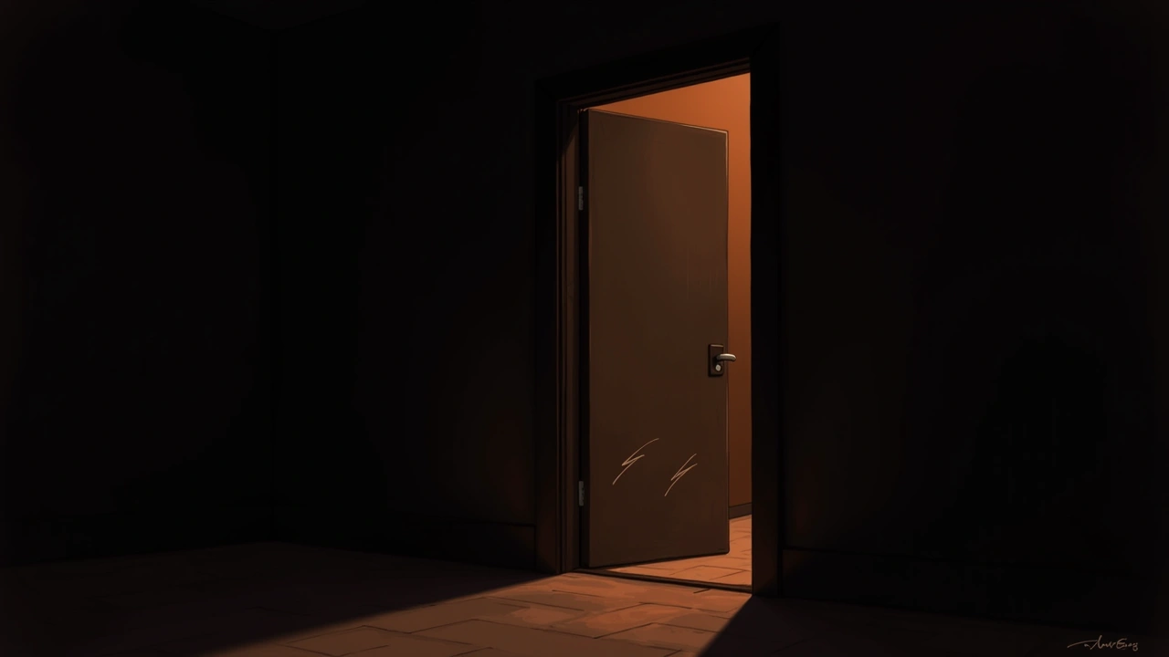 Illustration: A dark wooden door at night with faint scratch marks near the handle.
