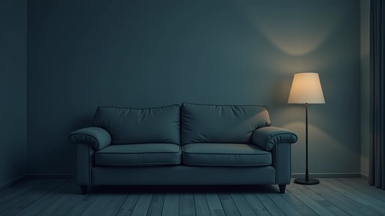 Illustration: an empty sofa in a dim living room.