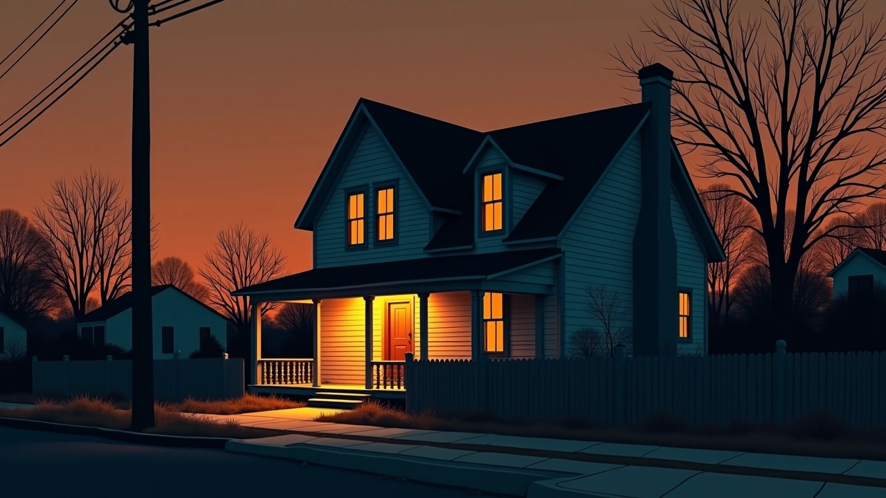 Illustration: an old house at night seen from the street, lights off.