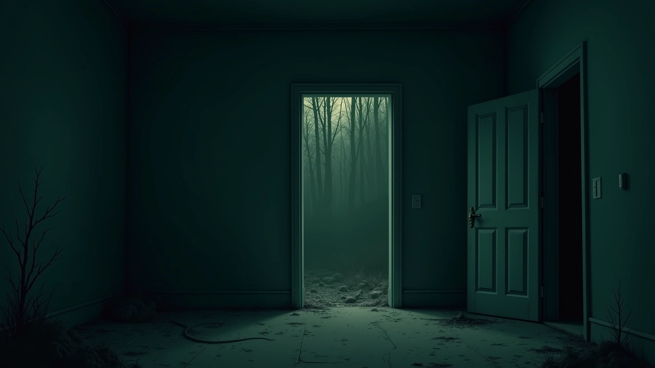 Illustration: an abandoned, dust-covered house interior at dusk, eerie stillness.