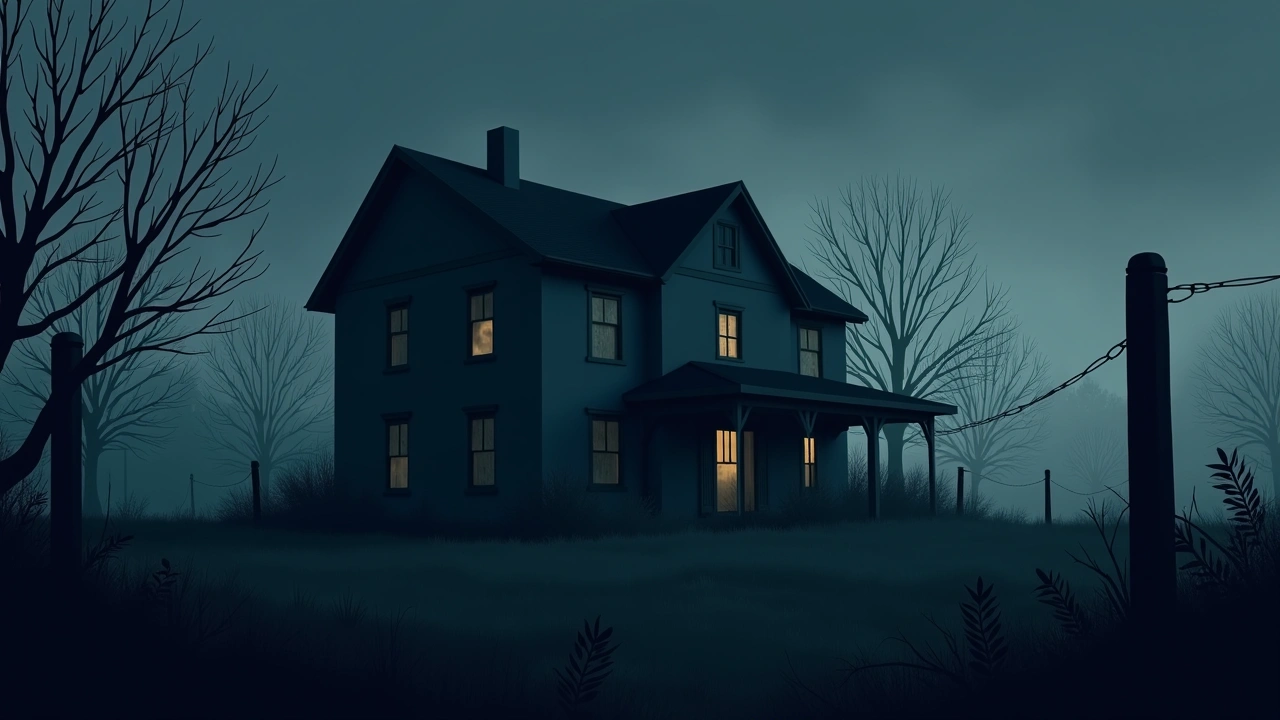 Illustration: an abandoned house at dusk with boarded windows and an overgrown yard.
