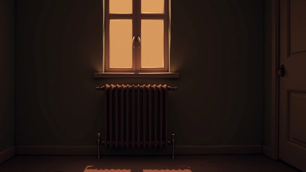 Illustration: an old radiator under a window in a dim bedroom at night.