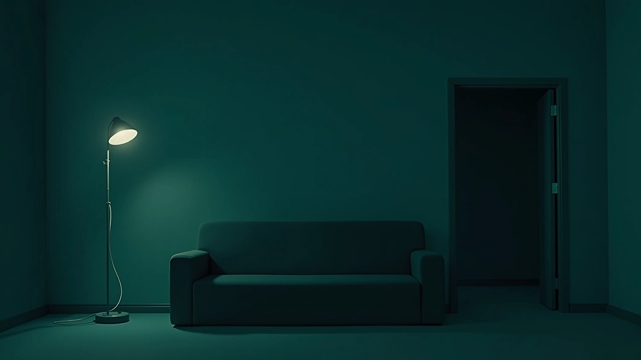 Illustration: An empty couch in a dim living room, a door slightly ajar in the background.