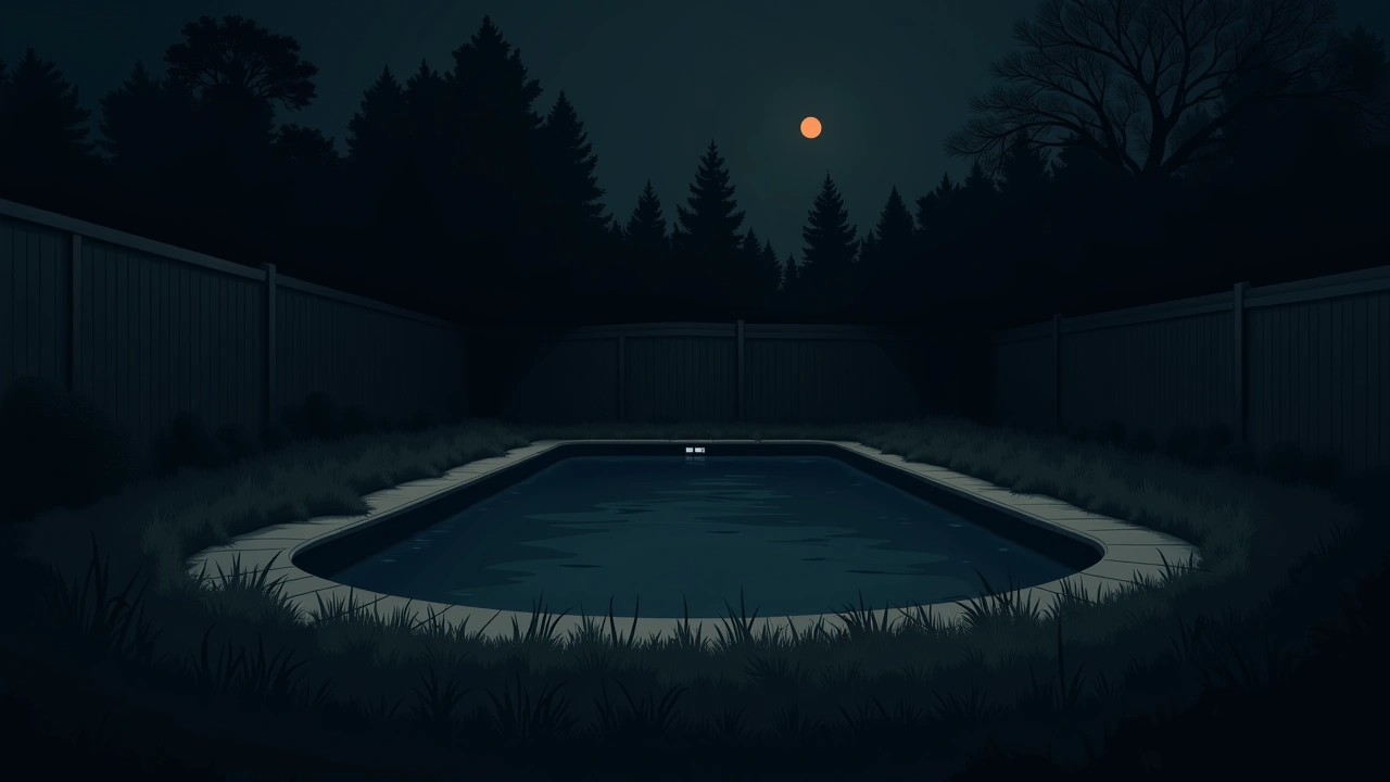 Illustration: an old filled-in swimming pool overgrown with grass and bushes in a backyard.