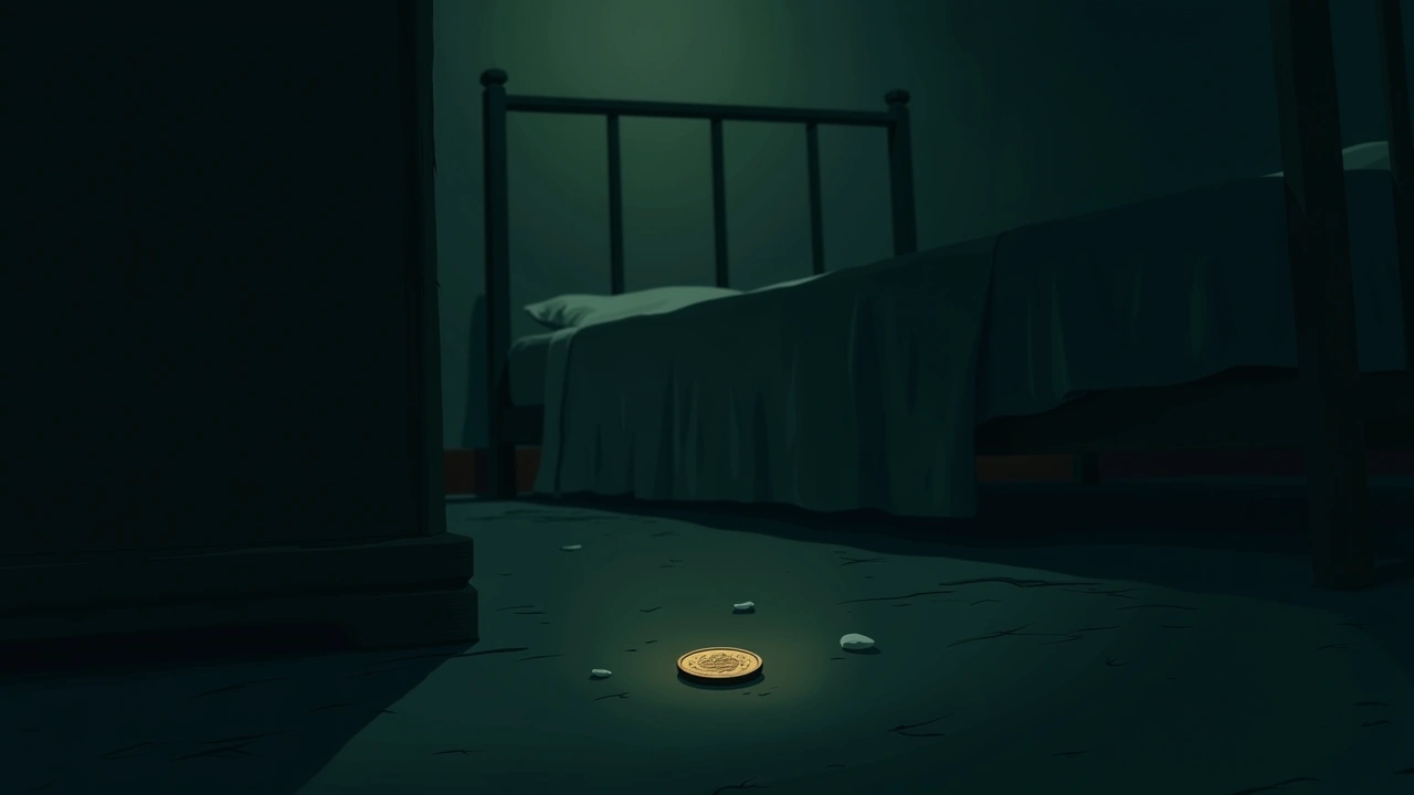 Illustration: a single coin resting on a bedroom floor in dim light, near an unmade bed.