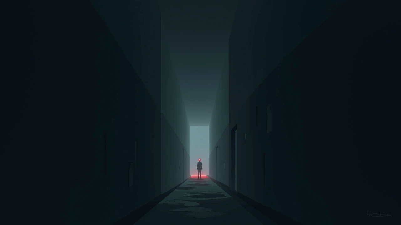 Illustration: A narrow dark corridor with a faint red glow flickering at the far end, deep shadows pressing in.