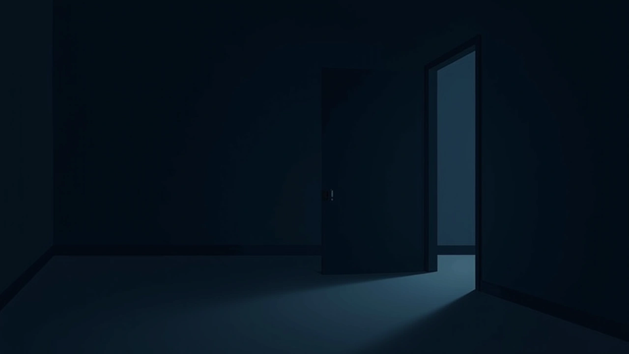 Illustration: a dim, empty room at night with a single faint shadow along the wall.