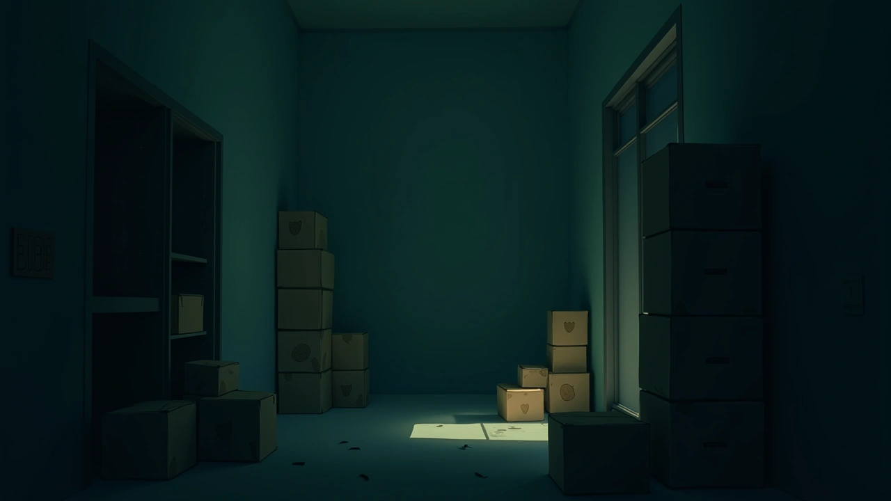 Illustration: A bare dorm room at dusk, moving boxes still unpacked.