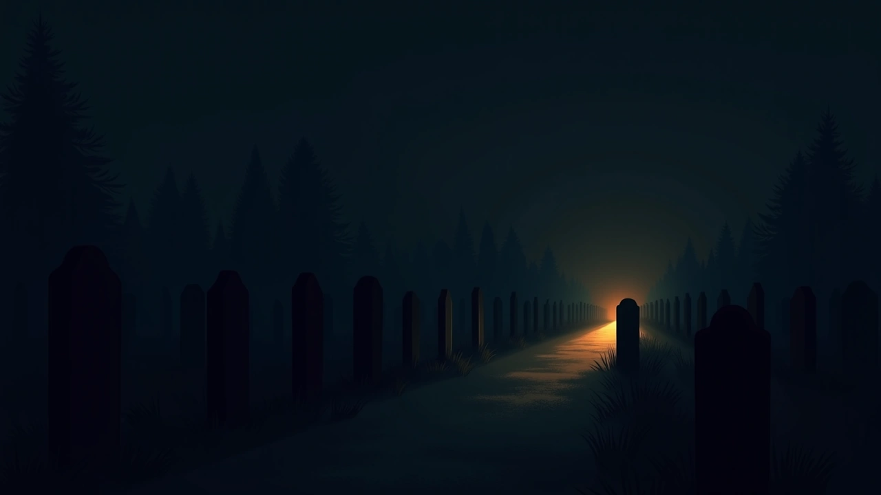 Illustration: a dark cemetery at night, rows of headstones lit by a single flashlight beam.