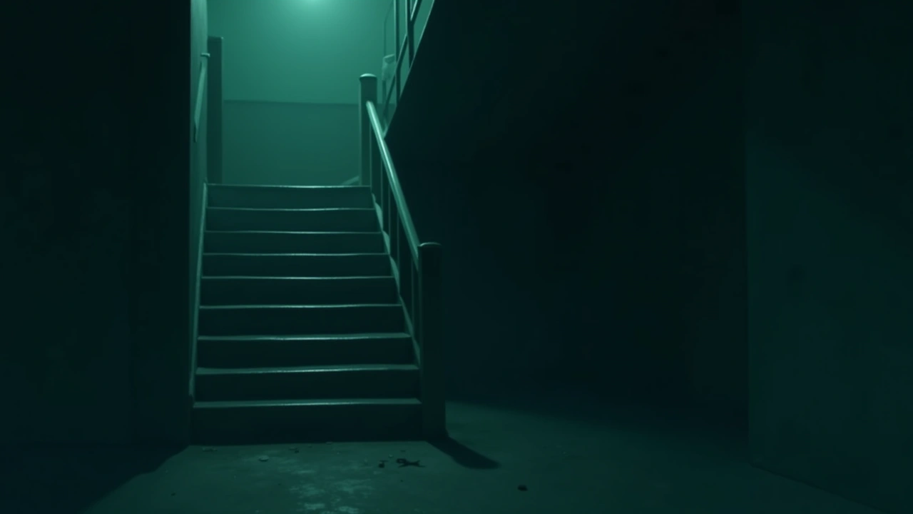 Illustration: a dim indoor staircase seen from the bottom, the upper steps lost in shadow.