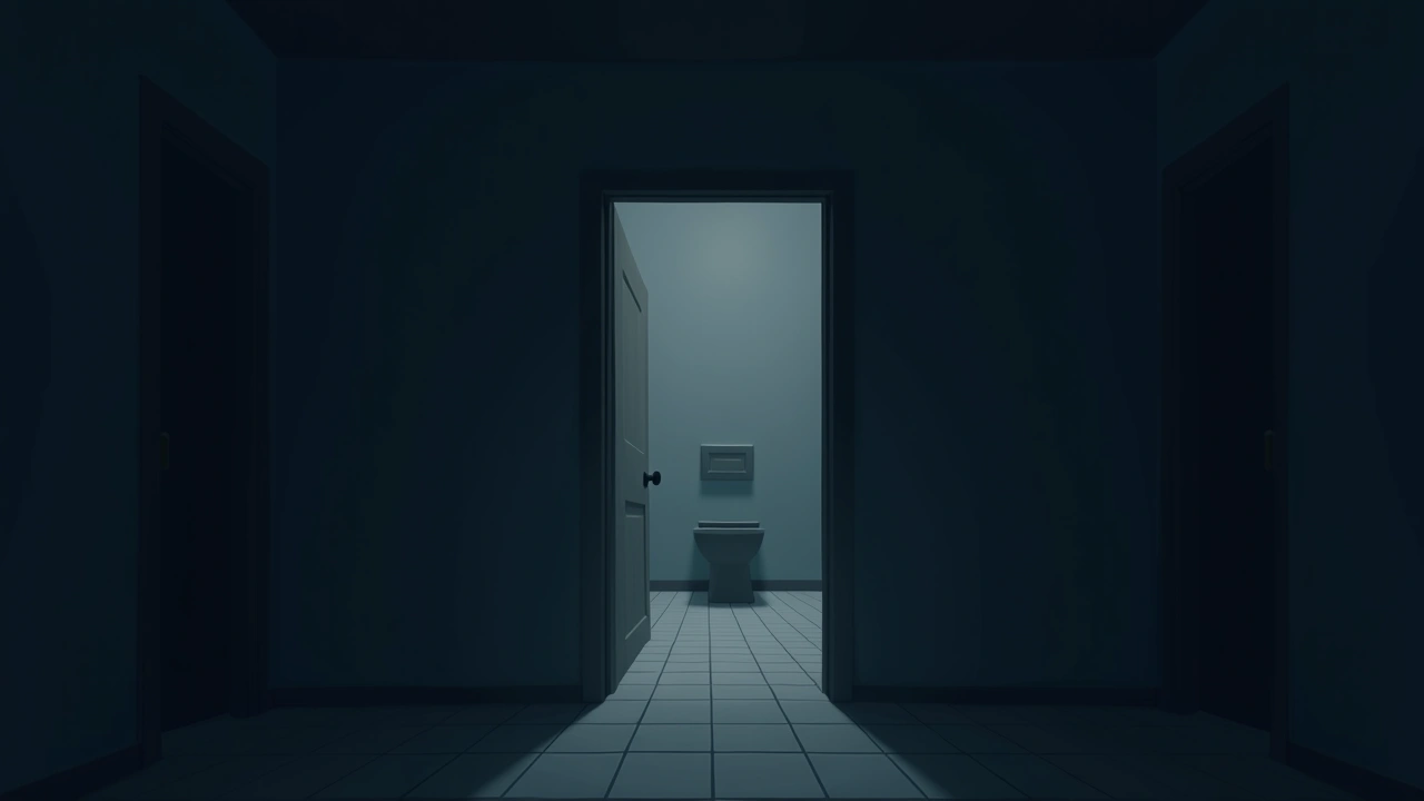 Illustration: a dim bathroom doorway at night, faint light spilling across the tile floor.