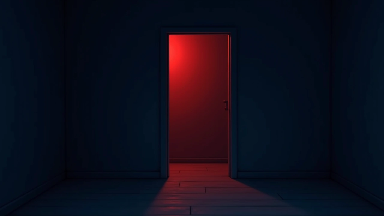 Illustration: a walk-in closet doorway glowing red at the end of a dark bedroom.