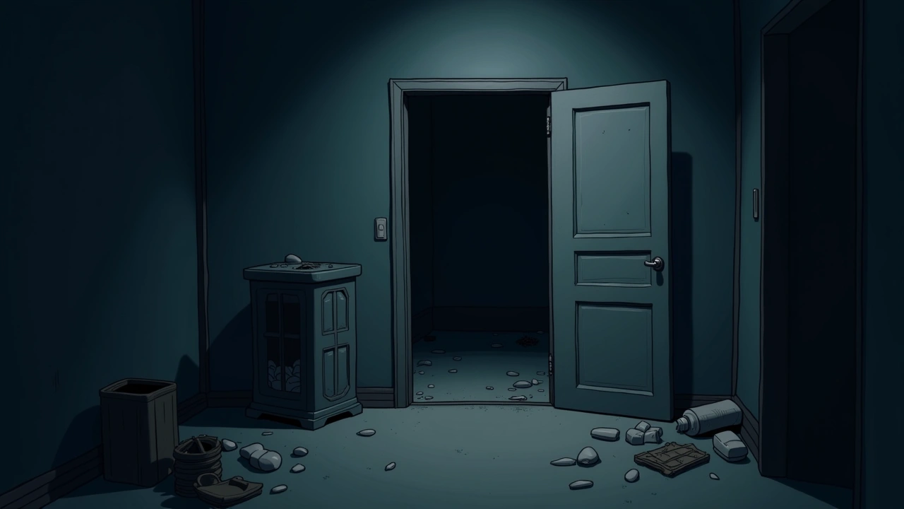 Illustration: a dim, cluttered basement in an old house, seen at night.