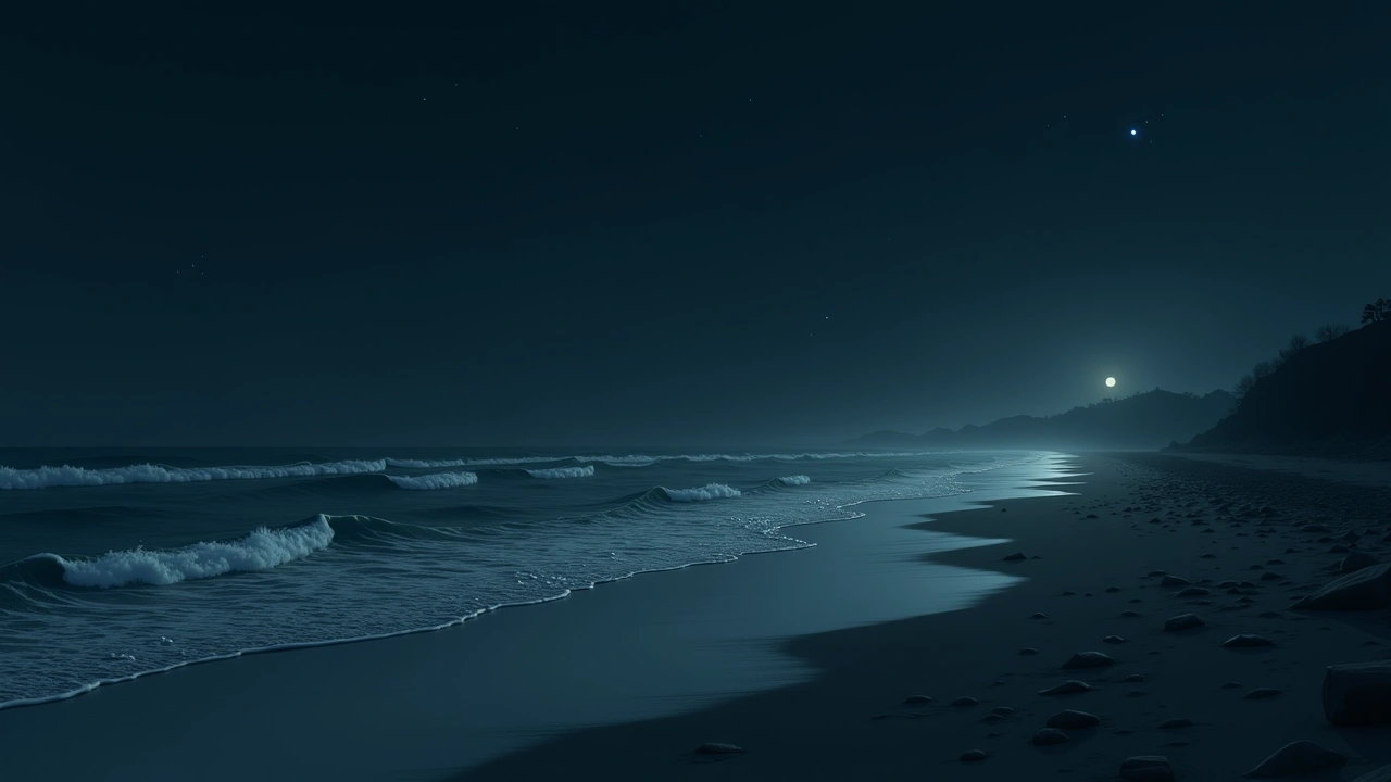 Illustration: A dark beach at night with waves rolling in along the shoreline.