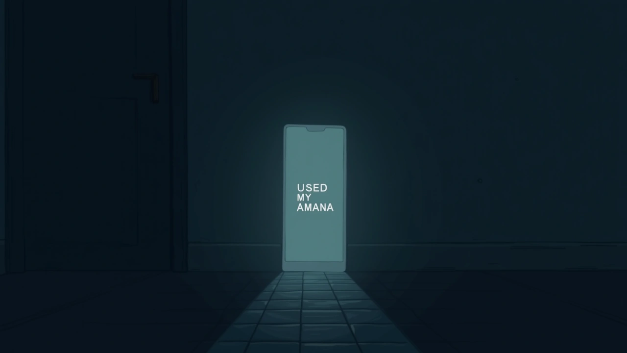Illustration: A phone screen glowing with strange words in a dark room.
