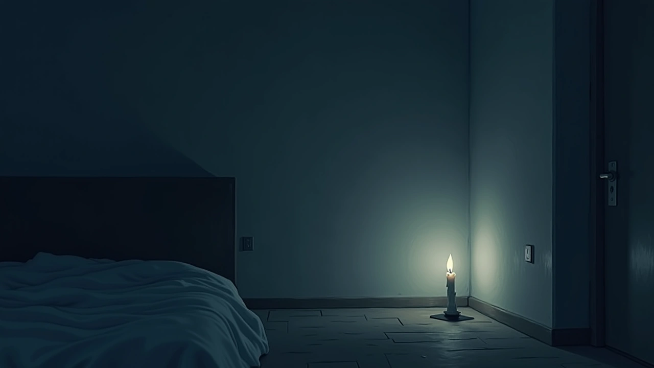 Illustration: a bedroom wall at night with a single lit candle nearby, dim and quiet.