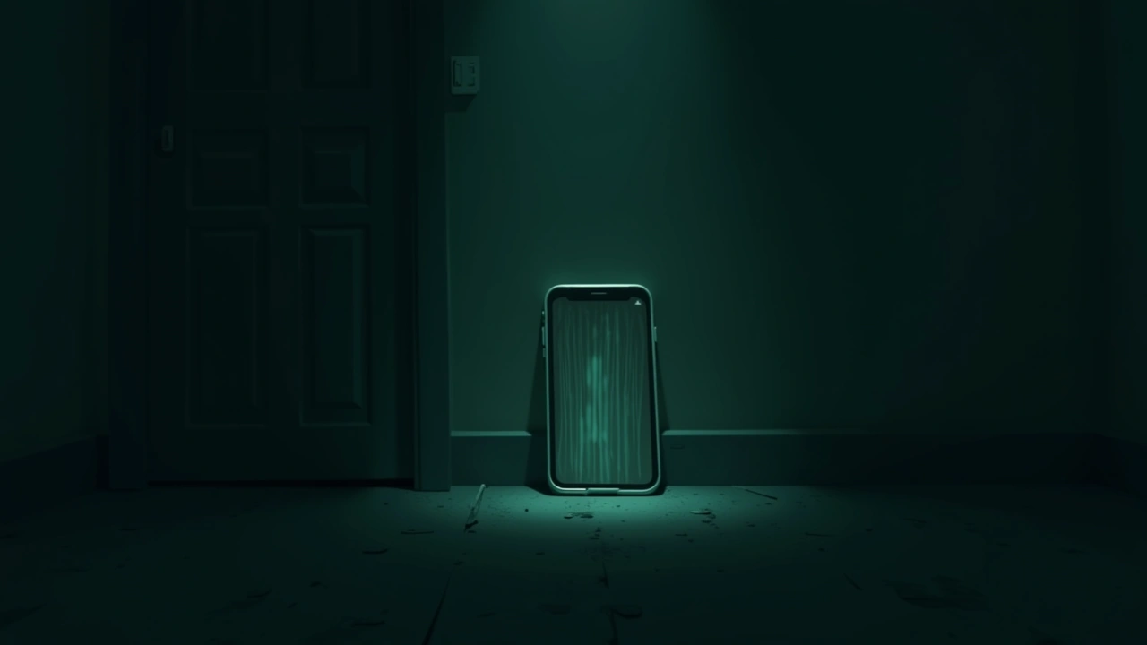 Illustration: A phone screen glitching with static in a dark room.