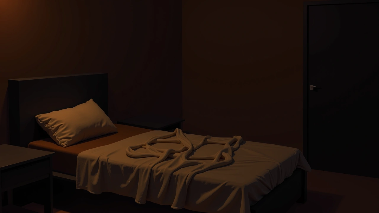 Illustration: a dark bedroom at night with rumpled covers, something unseen beside the bed.