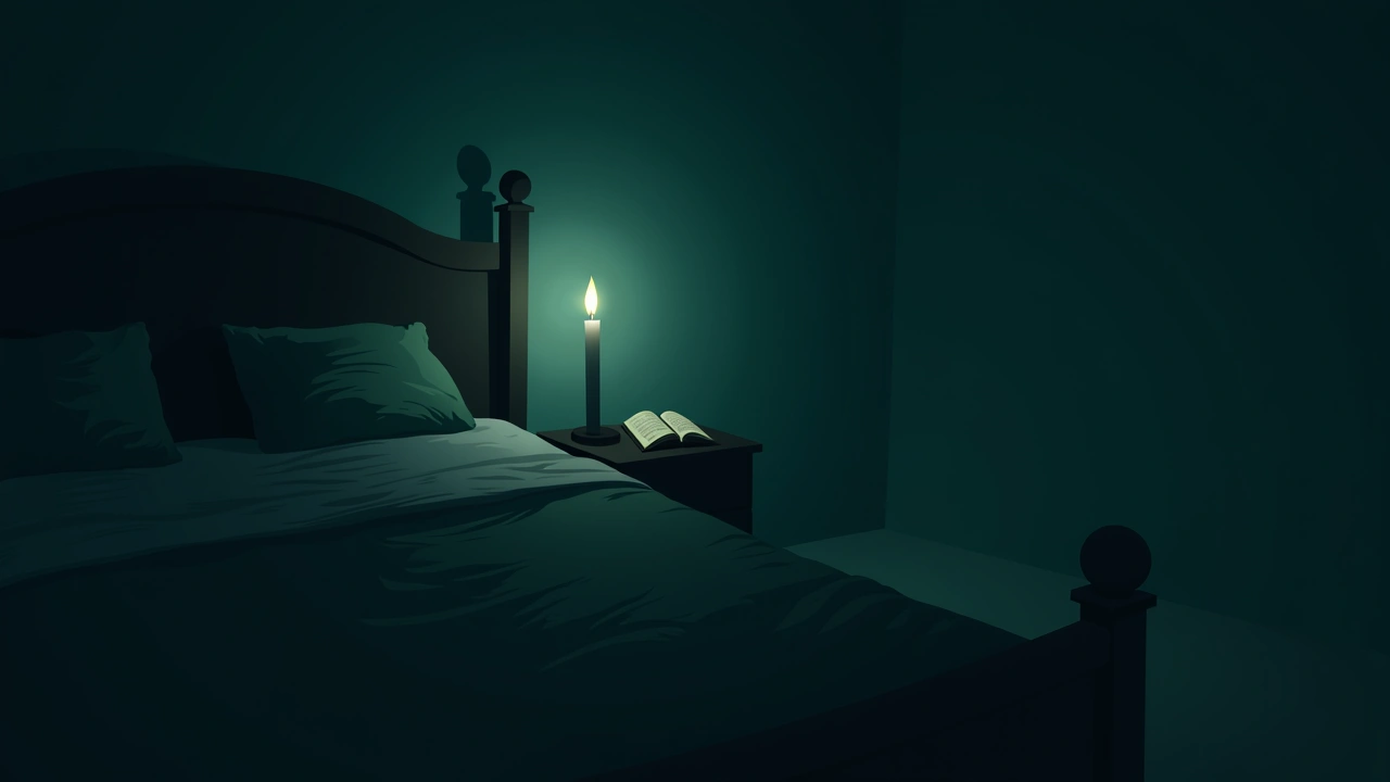Illustration: A dark bedroom at night, a single candle flickering on a nightstand beside an open prayer book.