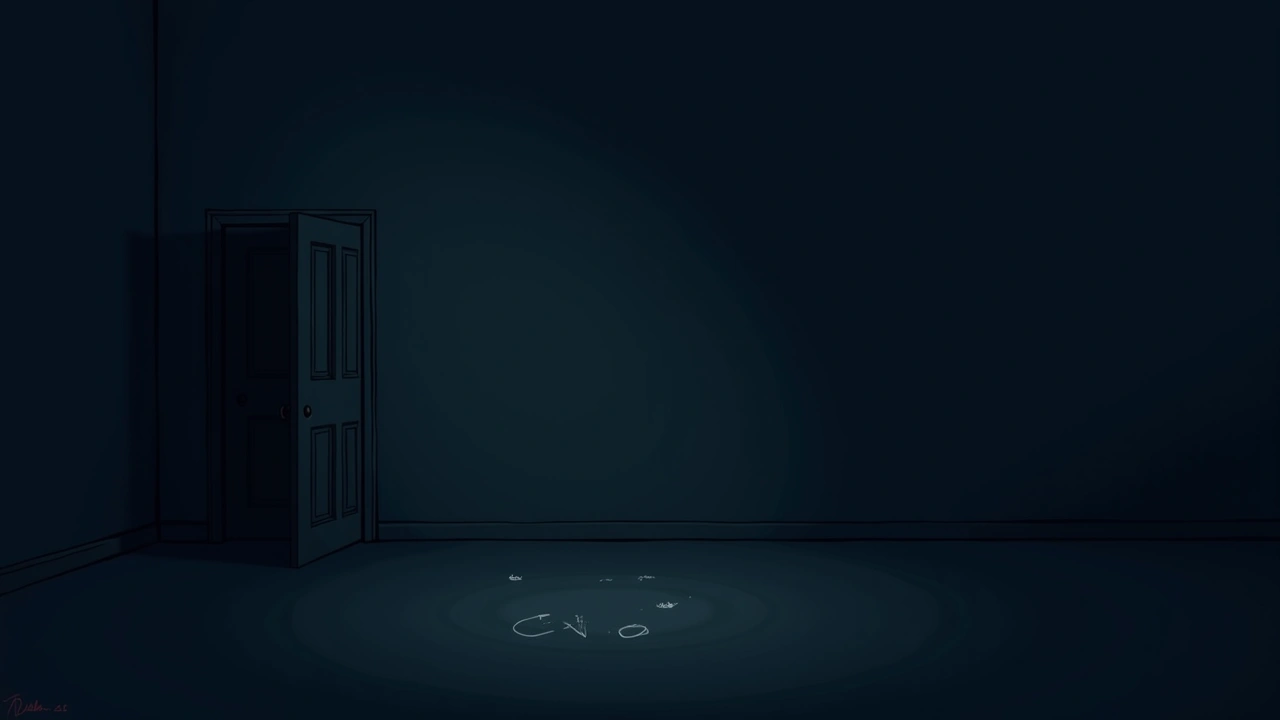 Illustration: a quiet room at night with faint marks on the wall where something has been knocking.