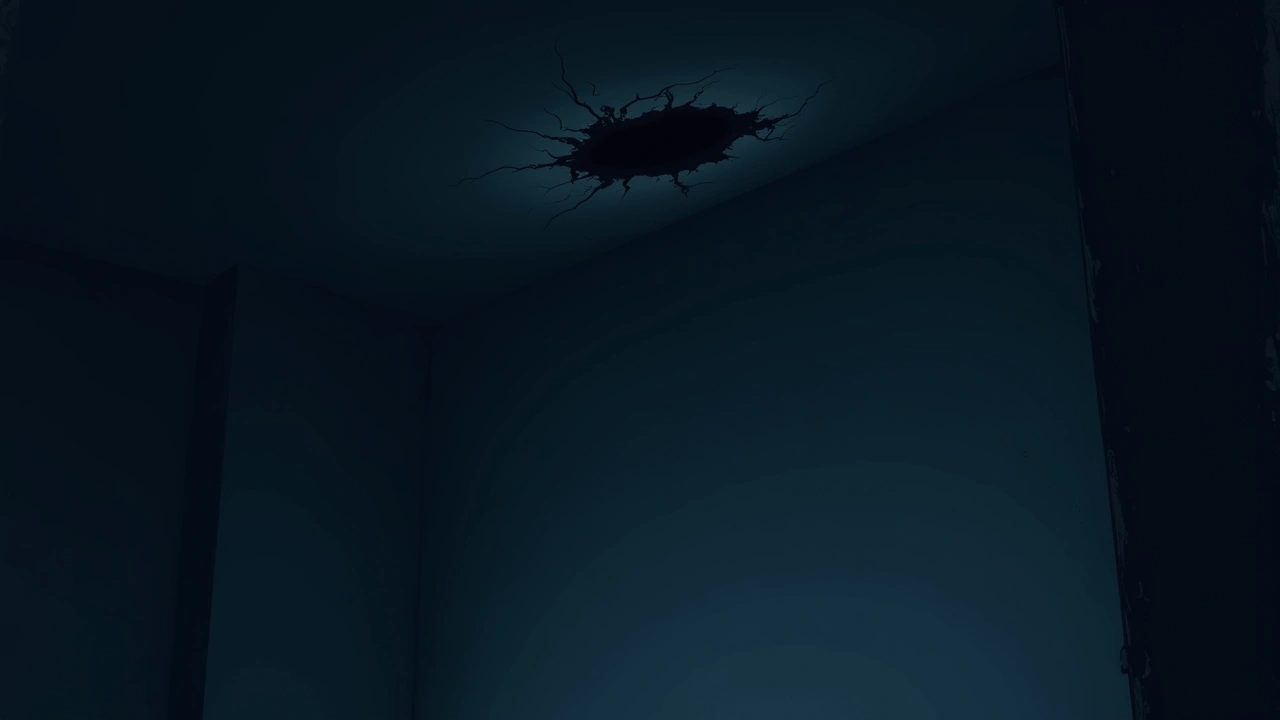 Illustration: a sagging ceiling with a plastered-over crack in a dim room.