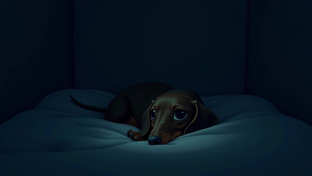 Illustration: a dachshund lying in bed with one eye open, soft morning light.