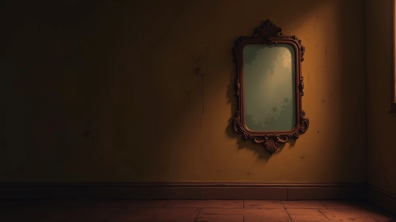 Illustration: a tarnished antique mirror hanging on the wall of a dim, old room.