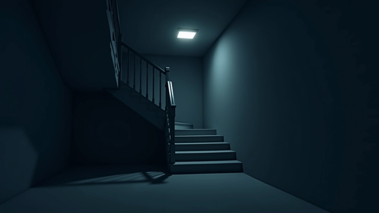 Illustration: a dark basement staircase at night, lit only by the glow of a phone screen.