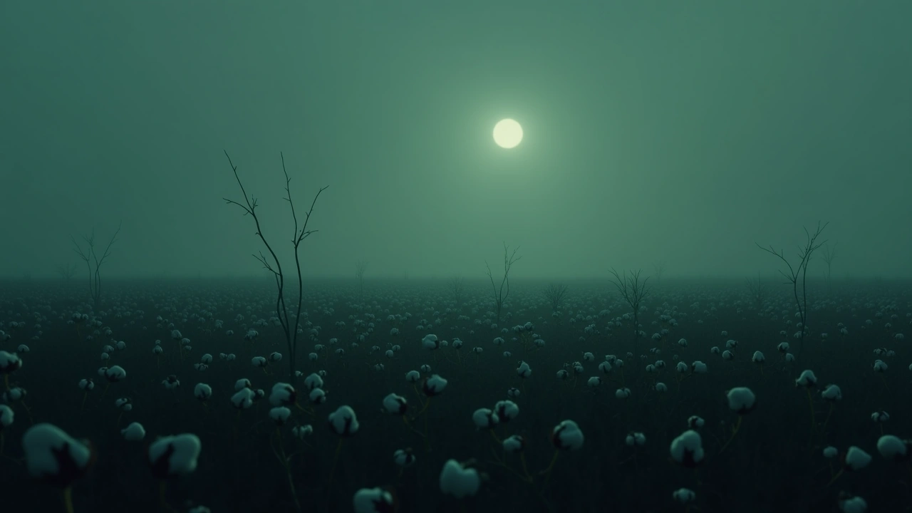 Illustration: a cotton field in the Louisiana lowlands under a hazy sky.