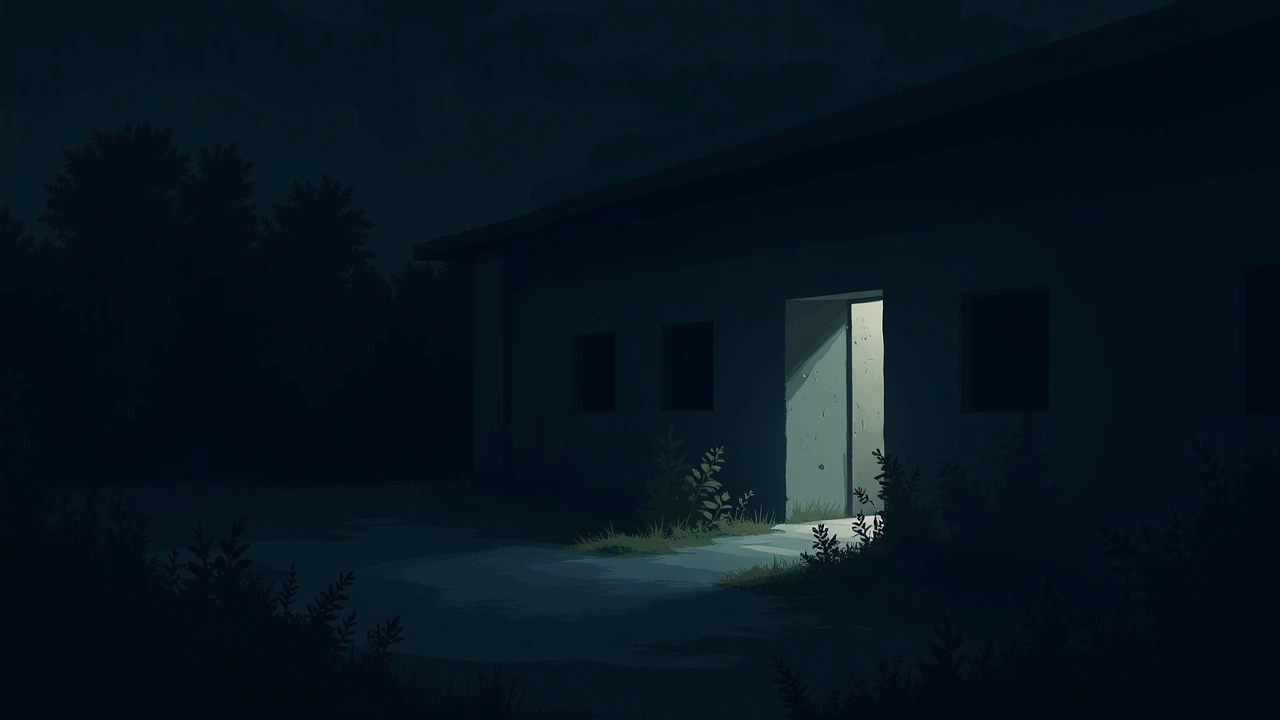 Illustration: an overgrown, unmarked patch of ground beneath an old building, quiet and shadowed.