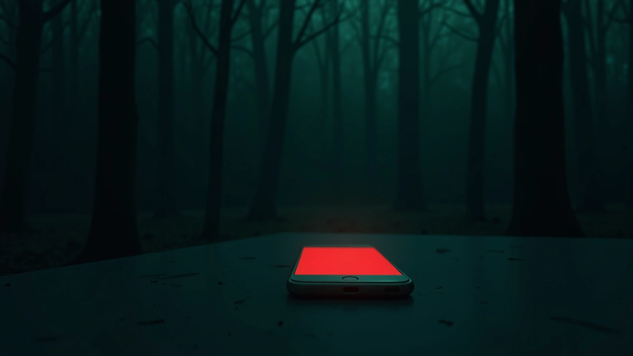 Illustration: a smartphone screen glowing red on a dark tabletop.