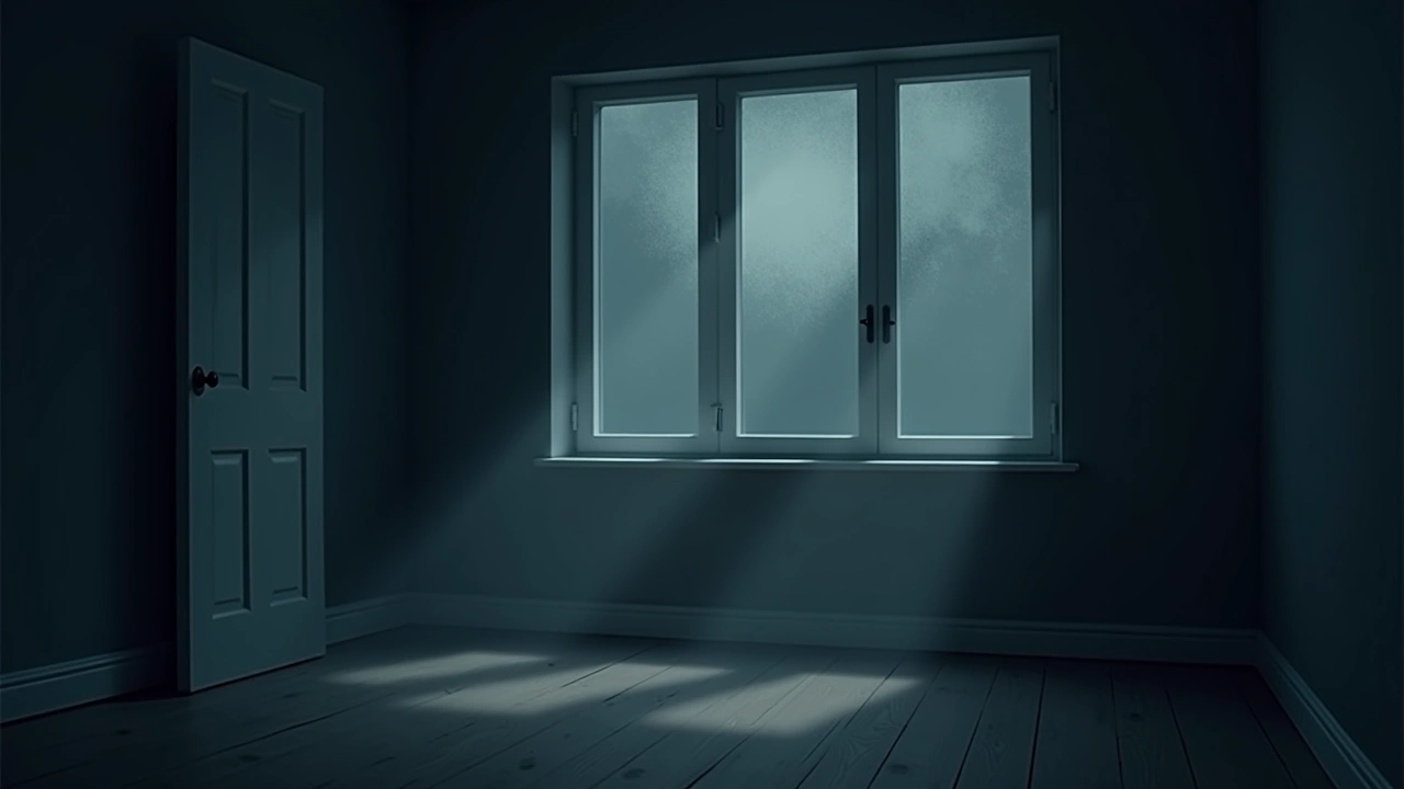 Illustration: an empty front room with a faint cold mist in dim evening light.