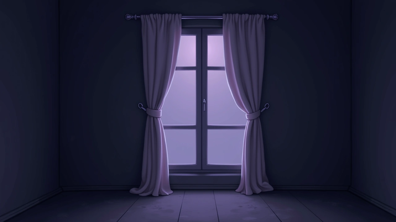 Illustration: a curtain rippling from a sudden cold draft in a quiet, dim room.