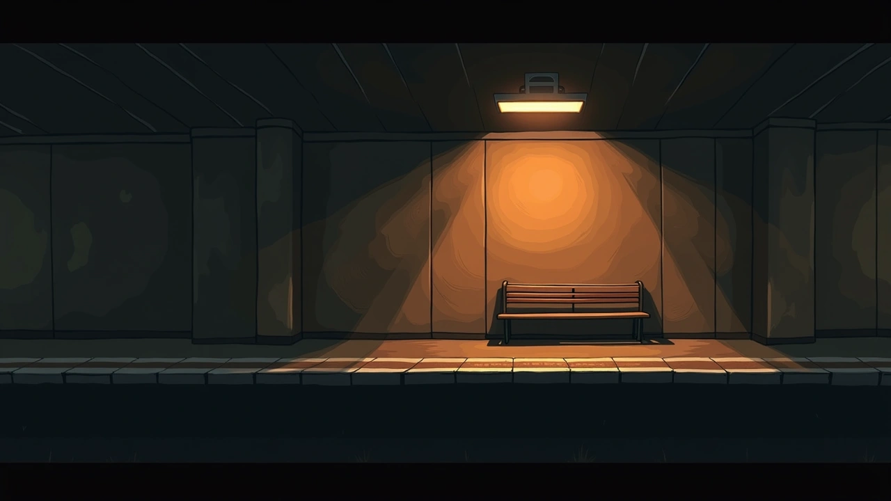 Illustration: a dim, empty London Underground platform at night.