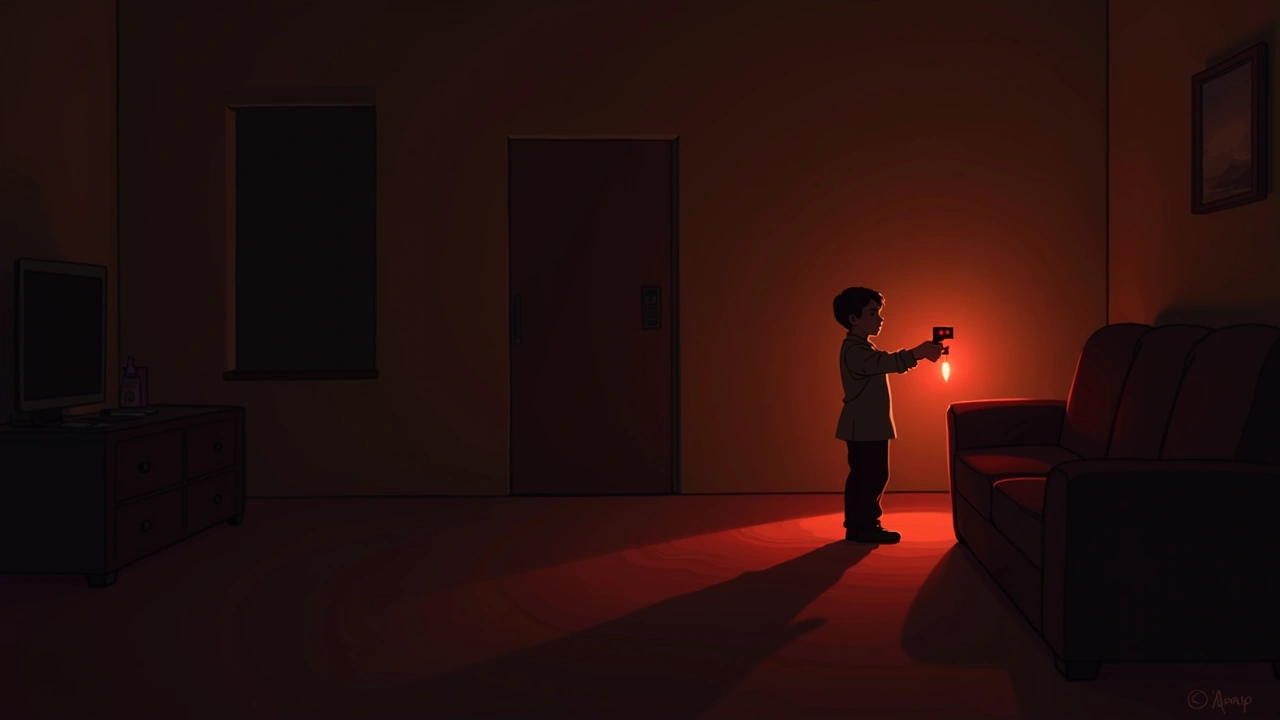 Illustration: a handheld ghost-detector device glowing red in a dim living room.