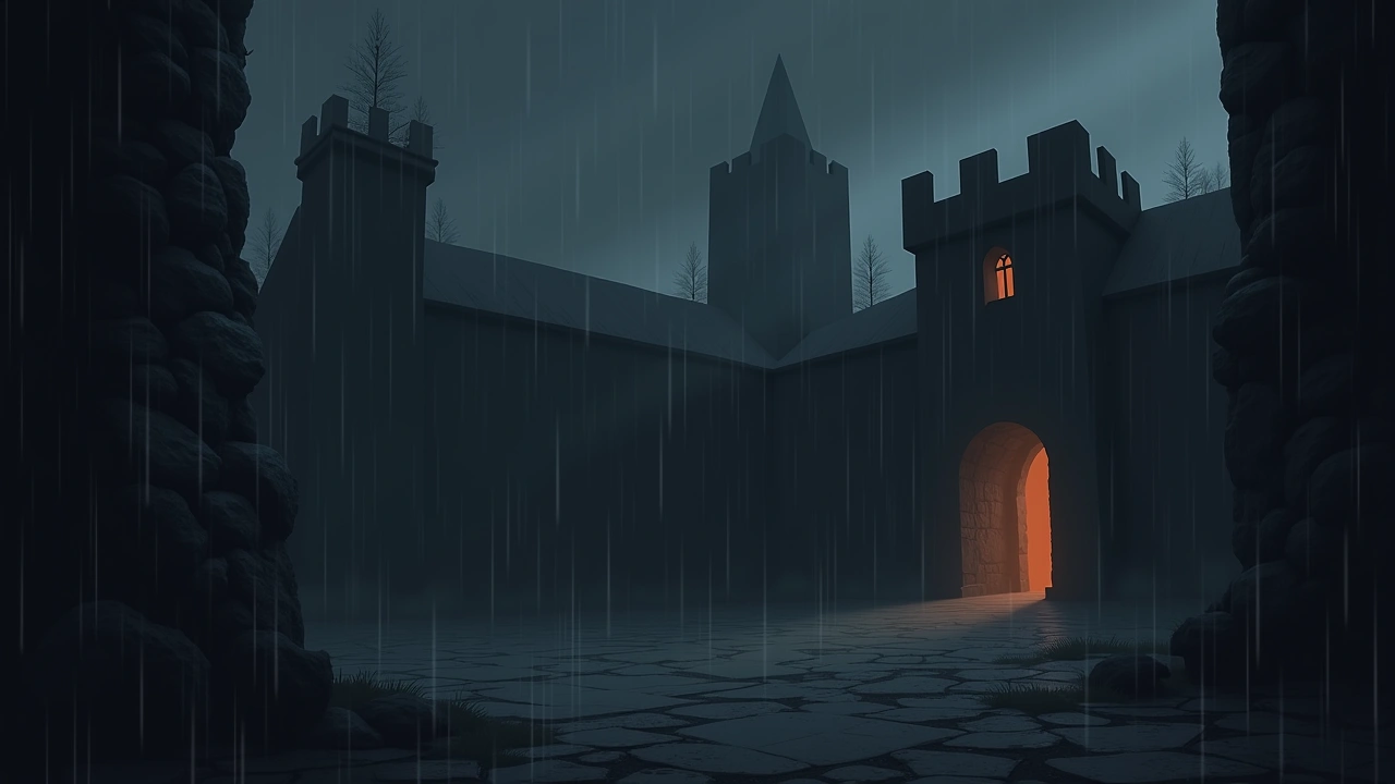 Illustration: an ancient stone castle courtyard under a grey, rain-streaked sky.